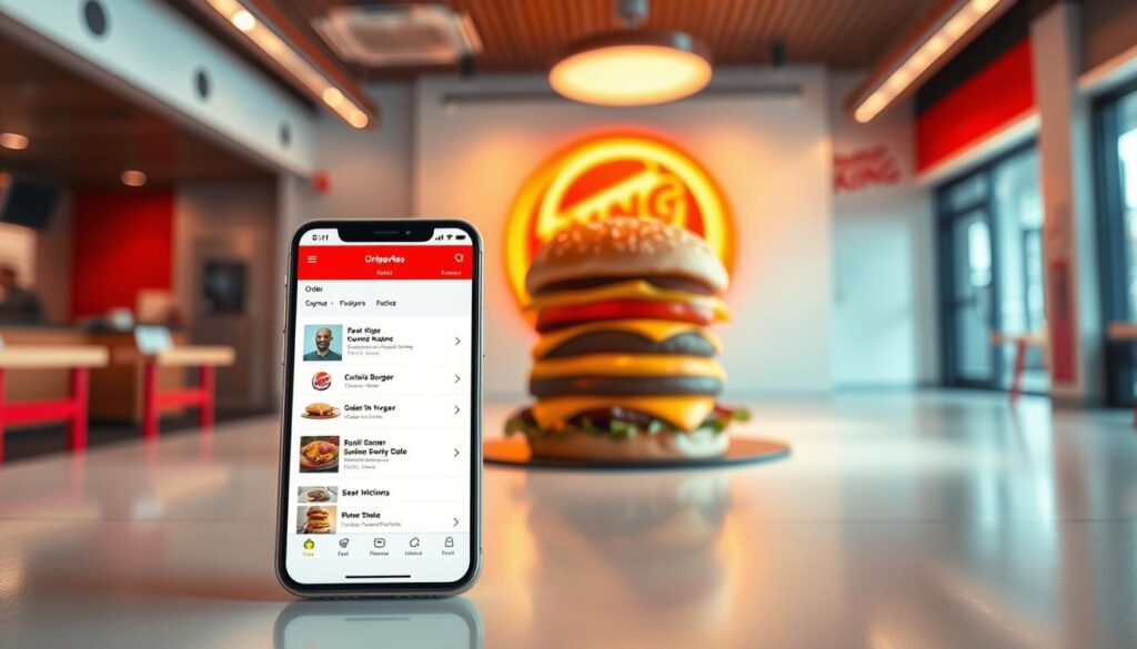 A vibrant and seamless mobile experience showcasing the Burger King app's key features. In the foreground, a sleek smartphone displays the app's intuitive interface, highlighting options for ordering, customizing burgers, and accessing promotions. The middle ground features a 3D-rendered Whopper burger, casting warm, tantalizing lighting across the scene. In the background, a modern, minimalist restaurant interior sets the stage, complete with clean lines, neutral tones, and a touch of Burger King's iconic red accents. The overall atmosphere conveys a sense of efficiency, convenience, and the brand's commitment to satisfying the customer's cravings.