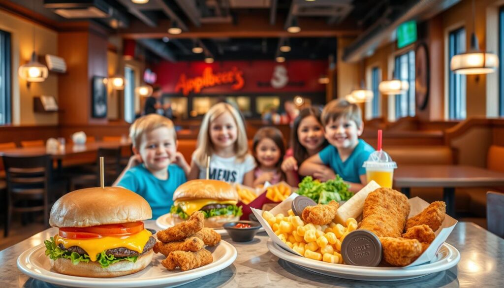 A vibrant and welcoming Applebee's restaurant interior, with a dedicated children's section featuring a cozy, family-friendly atmosphere. The foreground showcases an array of colorful and playful menu items, including kid-sized burgers, mac and cheese, and chicken tenders, all presented in an appetizing and visually appealing manner. The middle ground depicts a friendly server interacting with a group of smiling children, creating a sense of engagement and service. The background is softly lit, with warm wood tones and inviting decor, conveying a sense of comfort and delight. The overall scene exudes a wholesome, inviting, and child-centric ambiance, perfectly capturing the essence of Applebee's Kids Menu Specials.