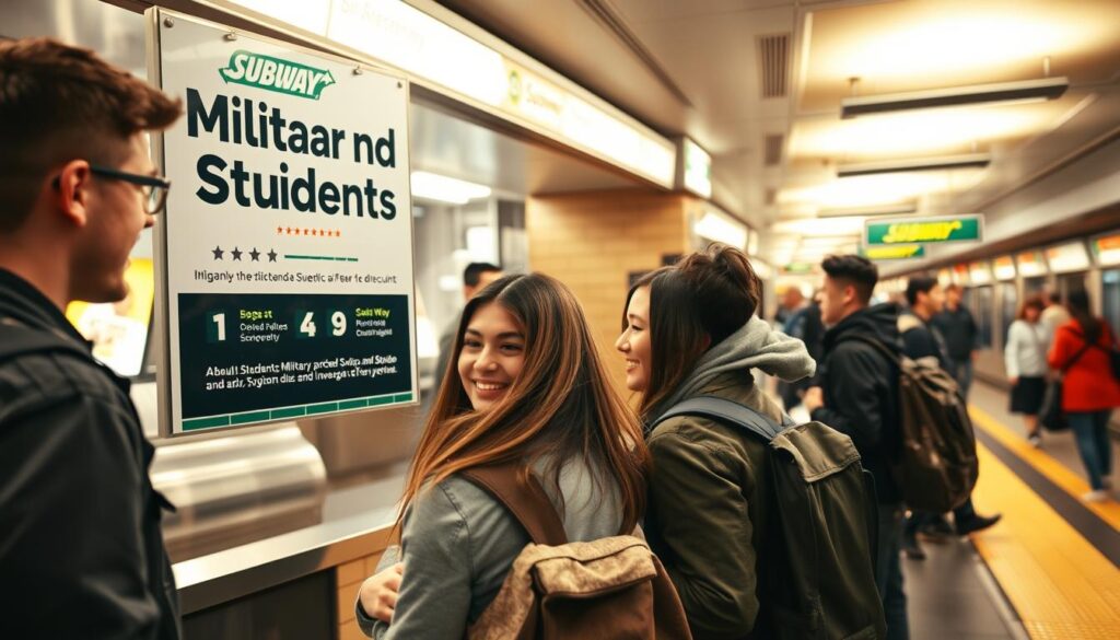 A vibrant and well-lit subway station interior, featuring a prominent sign showcasing "Military and Student Discounts" for a Subway restaurant. The foreground showcases a group of young adult students and military personnel examining the sign and menu, their expressions conveying interest and enthusiasm. The middle ground depicts the clean and modern Subway decor, with stainless steel counters and subway tile accents. The background features the bustling activity of a subway platform, with commuters passing by. The lighting is warm and inviting, creating a welcoming atmosphere. The overall scene highlights the accessibility and convenience of the Subway Military and Student Discounts, set against the dynamic backdrop of a thriving urban transportation hub.