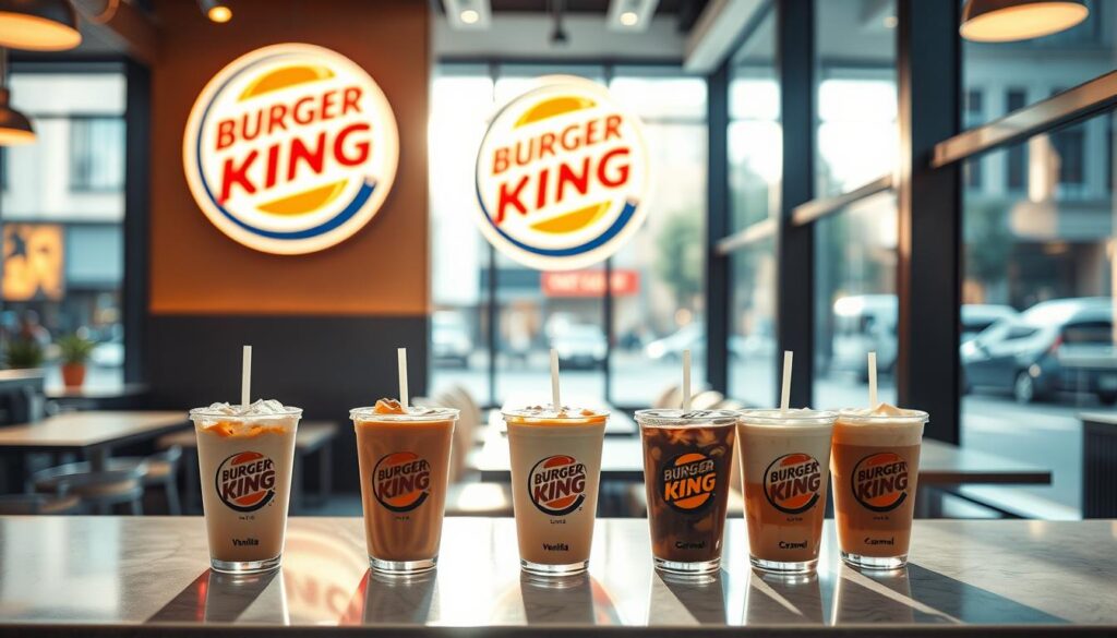 A vibrant cafe interior, with a prominent Burger King logo prominently displayed. In the foreground, an array of iced coffee cups in various flavors - vanilla, mocha, caramel, and more - arranged neatly on a polished counter. Soft, natural lighting filters through large windows, casting a warm glow over the scene. The middle ground features sleek, modern cafe furnishings and decor, hinting at the range of customization options available. In the background, a blurred view of the bustling street outside, suggesting the refreshing, on-the-go appeal of Burger King's iced coffee offerings.