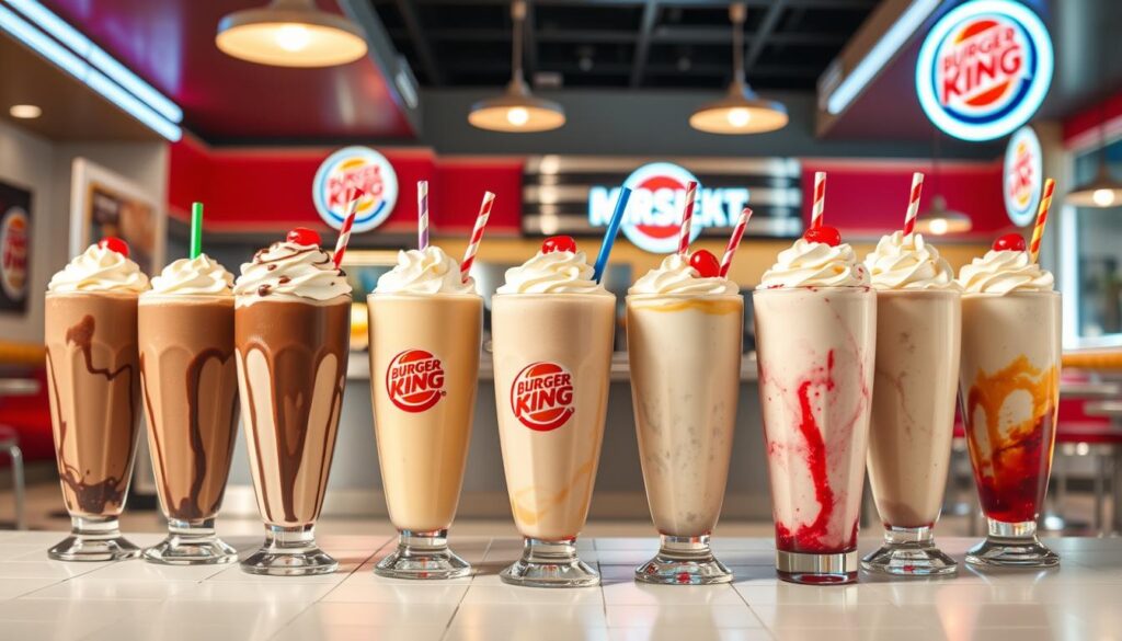 A vibrant collection of Burger King milkshake varieties, showcased in a stylish diner setting. In the foreground, an array of tall, creamy milkshakes in classic flavors like chocolate, vanilla, and strawberry, topped with whipped cream and colorful cherries. In the middle ground, a sleek Burger King countertop with stainless steel accents and retro-inspired signage. The background features a warm, vintage-inspired diner interior with tiled floors, chrome-accented stools, and a cheerful, neon-lit ambiance. Soft, diffused lighting creates a cozy, inviting atmosphere, highlighting the tempting textures and vibrant colors of the milkshakes. The overall composition conveys the indulgent, nostalgic experience of enjoying a delicious Burger King milkshake.