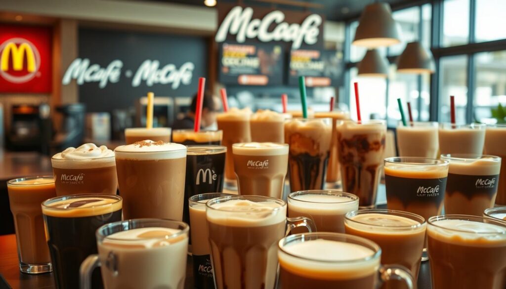 A vibrant display of McCafé's beverage selection, captured in a warm, inviting atmosphere. In the foreground, an array of meticulously crafted coffee drinks, including classic lattes, cappuccinos, and frothy hot chocolates. The middle ground showcases a variety of chilled beverages, such as refreshing iced coffees and creamy milkshakes, all set against a backdrop of the distinctive McCafé branding and decor. The lighting is soft and diffused, creating a cozy, café-like ambiance. The camera angle is slightly elevated, providing a comprehensive view of the tempting array of McCafé's delectable drink options.