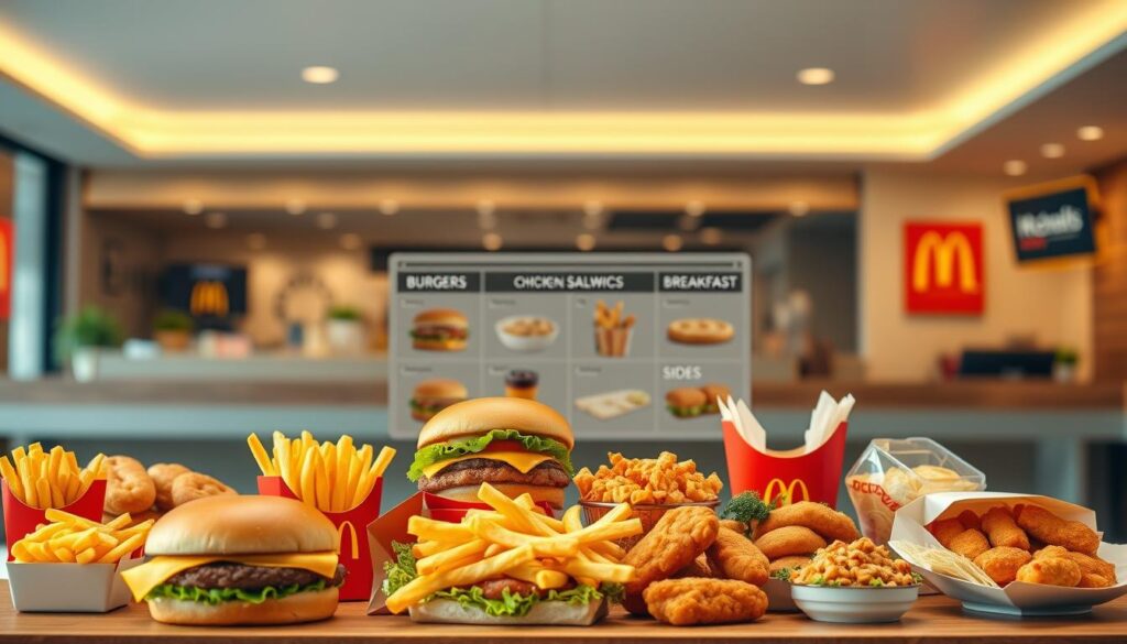 A vibrant, high-resolution image showcasing the complete food categories of the iconic McDonald's menu. In the foreground, a sleek and modern arrangement of menu items, including Big Mac burgers, fries, McNuggets, salads, and breakfast offerings, presented against a clean, minimalist background. The middle ground features a subtle grid layout highlighting the various meal categories, such as Burgers, Chicken & Sandwiches, Breakfast, and Sides. The background depicts a softly blurred, warm-toned restaurant interior, with hints of the signature McDonald's branding and decor elements. The overall composition conveys a sense of culinary abundance, accessibility, and the breadth of the McDonald's menu. Crisp lighting, a wide-angle lens, and a balanced, harmonious color palette contribute to the modern, appetizing aesthetic.