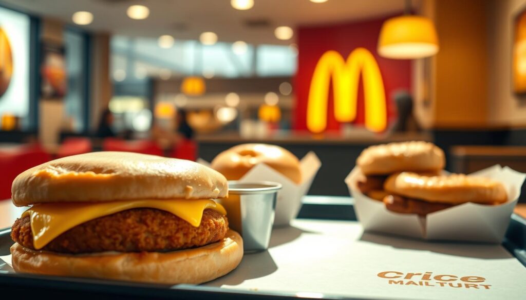 A vibrant, high-resolution photograph of a McDonald's breakfast value menu featuring a variety of enticing options. In the foreground, neatly arranged on a tray, are items such as a classic Egg McMuffin, a hash brown patty, and a small cup of coffee. The middle ground showcases additional value menu choices like a sausage biscuit and a McGriddles sandwich, all presented against a slightly blurred backdrop of the interior of a McDonald's restaurant, with its iconic golden arches visible in the distance. The lighting is warm and inviting, creating a cozy, appetizing atmosphere that captures the essence of an early morning McDonald's breakfast experience.