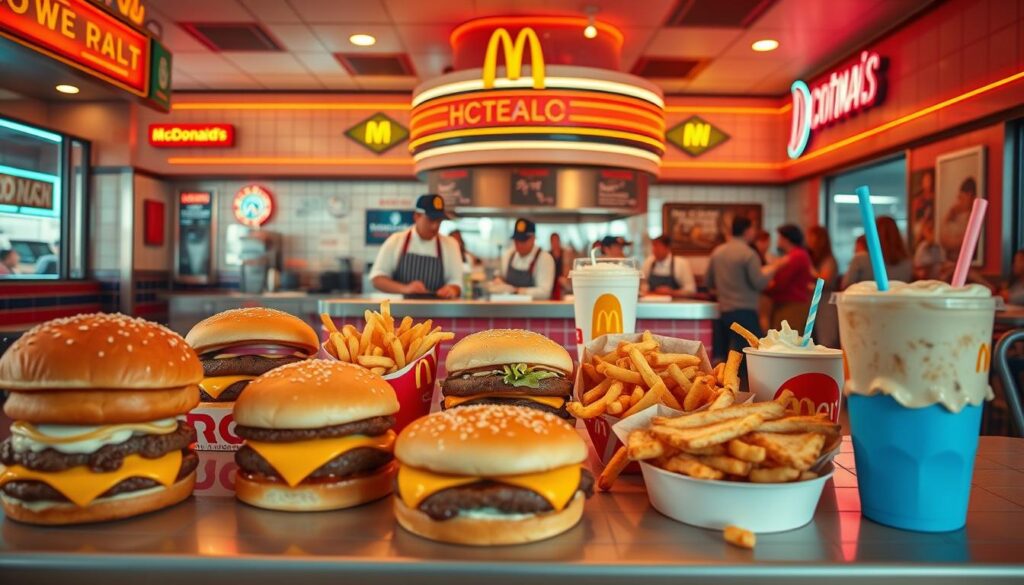 A vibrant, hyperrealistic diner-style scene showcasing an array of regional McDonald's secret menu items. In the foreground, a selection of unique burgers, fries, and shakes against a backdrop of a retro-inspired McDonald's restaurant interior, complete with tiled floors, neon signs, and vintage decor. The middle ground features staff members in classic uniforms meticulously preparing the off-menu creations, while the background captures the bustling energy of a busy McDonald's location, with customers eagerly awaiting their exclusive, local-inspired dishes. Warm, golden lighting casts a nostalgic glow, and the composition is shot from a slightly elevated angle to capture the dynamic scene. The overall atmosphere conveys a sense of discovery and the excitement of unveiling hidden culinary gems.