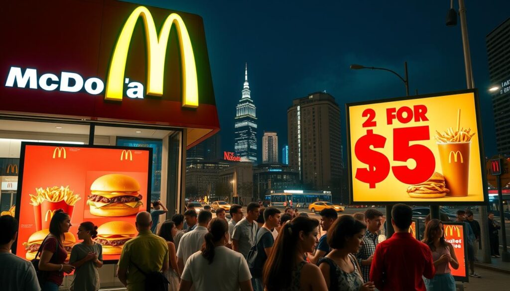 A vibrant neon-lit McDonald's storefront, the iconic Golden Arches illuminating the night sky. In the foreground, a large menu board displays the "2 for $5" deal, with beautifully rendered burgers, fries, and drinks. The middle ground showcases a diverse crowd of customers, diverse in age and ethnicity, enjoying the delicious offerings. In the background, a cityscape of skyscrapers and bustling streets, indicating the nationwide availability of this special. The scene is bathed in a warm, inviting glow, capturing the sense of convenience and affordability that the "2 for $5" deal represents.