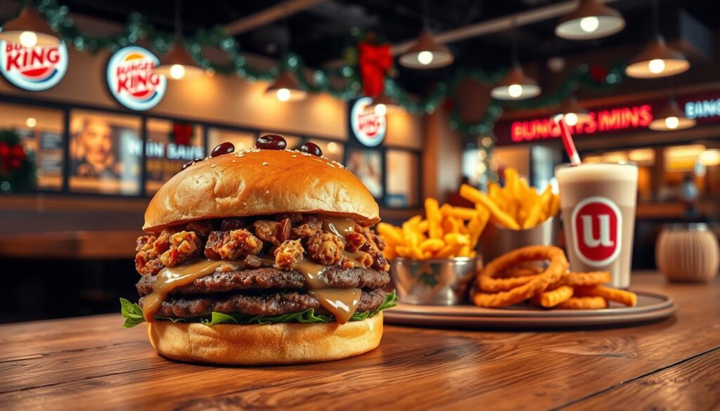 A vibrant, seasonal Burger King dinner promotion scene. In the foreground, a large, juicy burger with festive toppings like cranberries, stuffing, and gravy, sitting on a rustic wooden table. The middle ground features an assortment of Burger King menu items, including fries, onion rings, and a milkshake, all arranged artfully. The background showcases a cozy, warm-lit Burger King restaurant interior, with holiday decorations and a cheerful, family-friendly atmosphere. The lighting is soft and inviting, highlighting the rich, mouthwatering textures of the food. The overall composition conveys a sense of holiday indulgence and seasonal comfort.