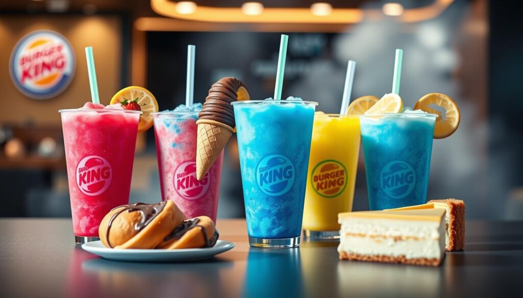 A vibrant, visually appealing scene of various Burger King Slushee flavors artfully combined with delectable desserts. In the foreground, an array of colorful Slushee cups in flavors like strawberry, blue raspberry, and lemon, each paired with a complementary dessert item such as a mini Cinnabon, a chocolate-dipped ice cream cone, and a slice of creamy cheesecake. The middle ground showcases the textures and contrasting colors of the drinks and sweets, captured in a soft, diffused lighting that creates a sense of inviting warmth. The background features a blurred, hazy backdrop reminiscent of a modern, stylish Burger King restaurant setting, evoking a refreshing and indulgent atmosphere.