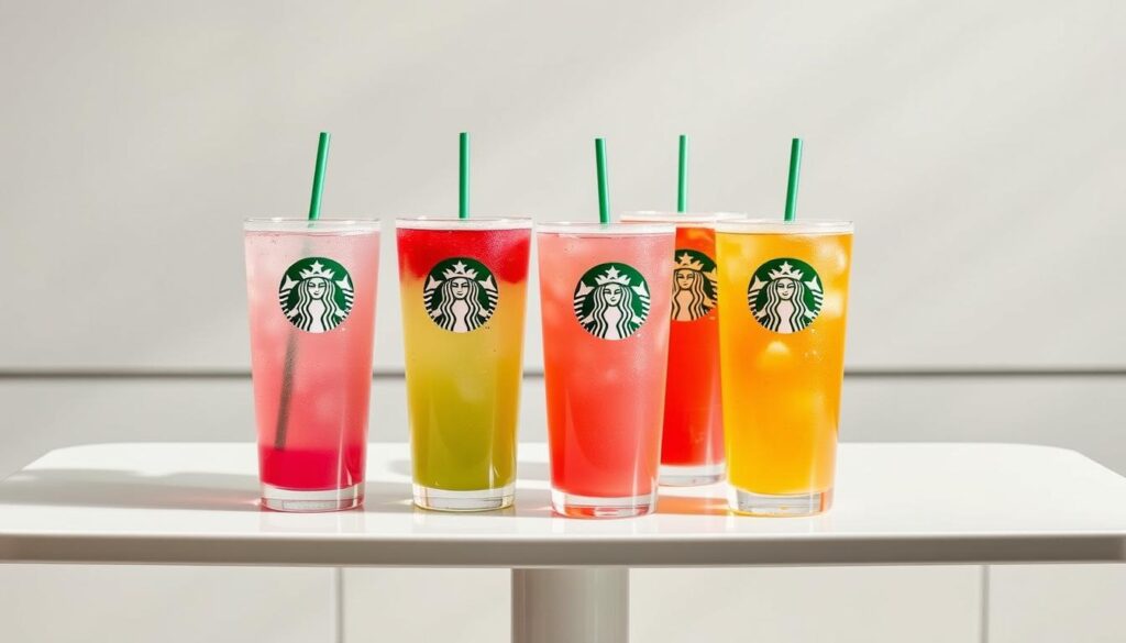 A visually appealing array of Starbucks Refreshers beverages, beautifully arranged on a sleek, modern table. The vibrant colors of the drinks - pink, green, and orange - create a refreshing and inviting display. The drinks are captured in a soft, natural lighting that accentuates their translucent quality and subtle carbonation. The table is positioned against a minimalist, neutral-toned background, allowing the Refreshers to be the central focus. The overall composition conveys a sense of freshness, thirst-quenching appeal, and the premium quality associated with the Starbucks brand.