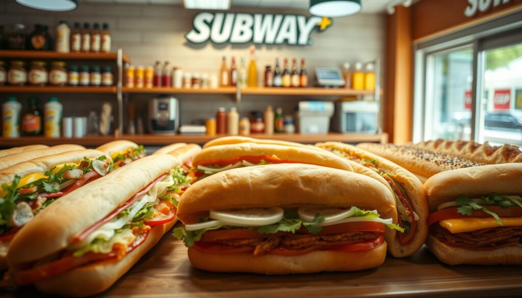 A visually appealing display of Subway's classic footlong sandwich varieties, captured in a warm, inviting deli setting. In the foreground, an assortment of neatly arranged footlong sandwiches, each showcasing its distinctive fillings and toppings, bathed in soft, natural lighting. The middle ground features a backdrop of wooden shelves stocked with various condiments and accoutrements, hinting at the customization possibilities. In the background, a glimpse of a clean, modern Subway storefront, conveying a sense of quality and freshness. The overall scene exudes a mouthwatering atmosphere, enticing the viewer to imagine the satisfying flavors and textures of these classic Subway footlong favorites.