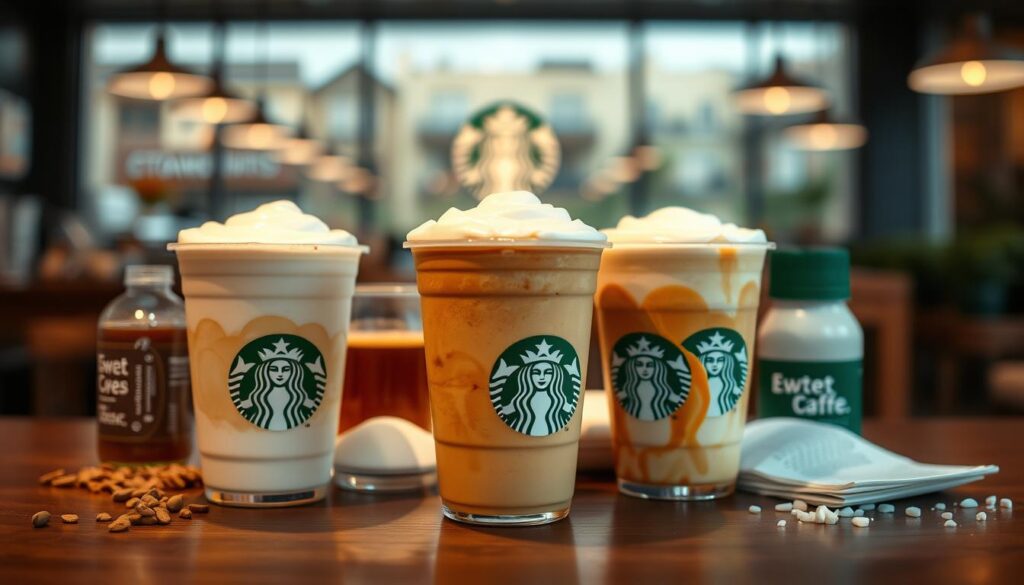 A visually captivating image of "Starbucks Sweet Cream Cold Foam Variations". The foreground showcases three distinct cups of Starbucks beverages, each with a delicate layer of sweet cream cold foam on top. The middle ground features an array of Starbucks ingredients, including freshly brewed espresso, frothed milk, and various syrups. The background is a soft, blurred backdrop of a modern Starbucks cafe, with warm lighting and a cozy atmosphere. The lighting is soft and diffused, accentuating the creamy textures and vibrant colors of the drinks. The camera angle is slightly elevated, providing a birds-eye view of the scene, allowing the viewer to appreciate the visual harmony of the composition.