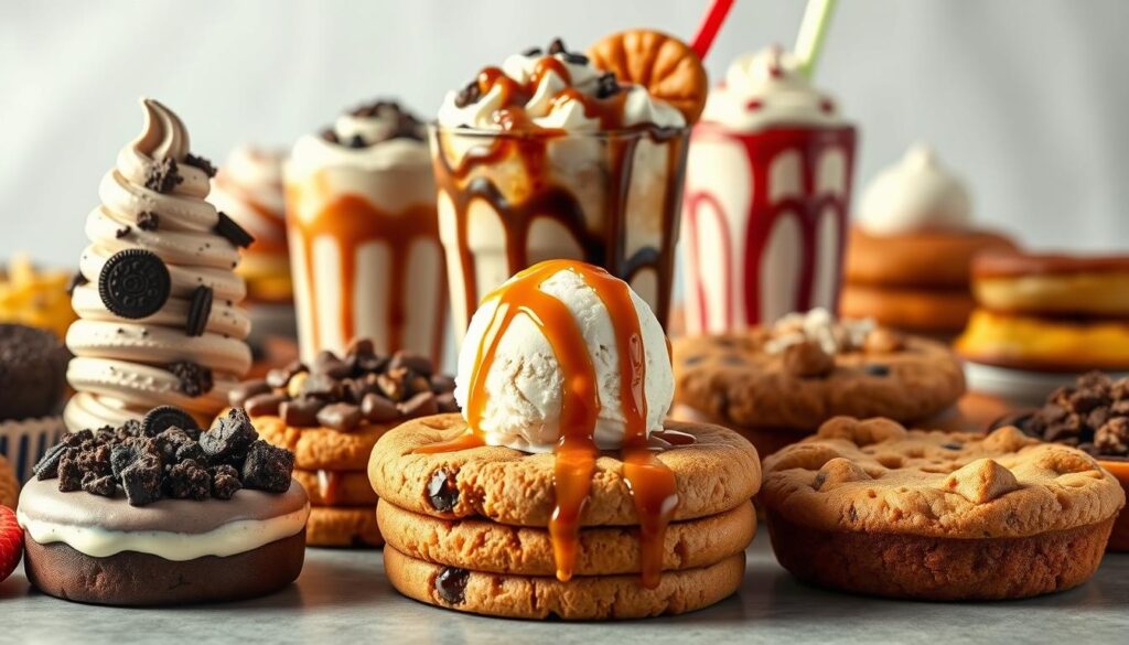 A visually enticing array of McDonald's secret menu desserts, meticulously crafted with impeccable attention to detail. In the foreground, an assortment of decadent treats - from a towering McFlurry swirl topped with crushed Oreos, to a luscious and gooey Baked Apple Pie. The middle ground showcases a mouthwatering Chocolate Chip Cookie Sundae, its warm, freshly baked cookie base complemented by a generous scoop of rich vanilla ice cream and drizzled with caramel sauce. In the background, a selection of lesser-known delights, such as the Shamrock Shake and the elusive Fried Apple Pie, all captured in a softly lit, almost dreamlike setting that evokes a sense of culinary wonder and delight.