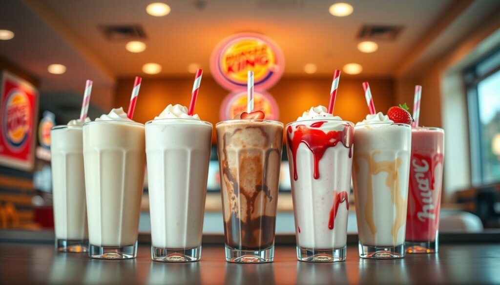 A visually enticing array of classic Burger King milkshake flavors, captured in a vibrant, high-resolution image. The foreground features neatly arranged milkshake glasses, each brimming with a distinct flavor - classic vanilla, rich chocolate, and creamy strawberry. The middle ground showcases freshly blended milkshake ingredients, with ice cream, milk, and flavorful syrups in complementary hues. The background depicts a softly blurred Burger King restaurant interior, adding a sense of place and authenticity. Warm, diffused lighting casts a delightful glow over the scene, creating an inviting and mouthwatering atmosphere. The overall composition emphasizes the decadence and variety of Burger King's iconic milkshake offerings.