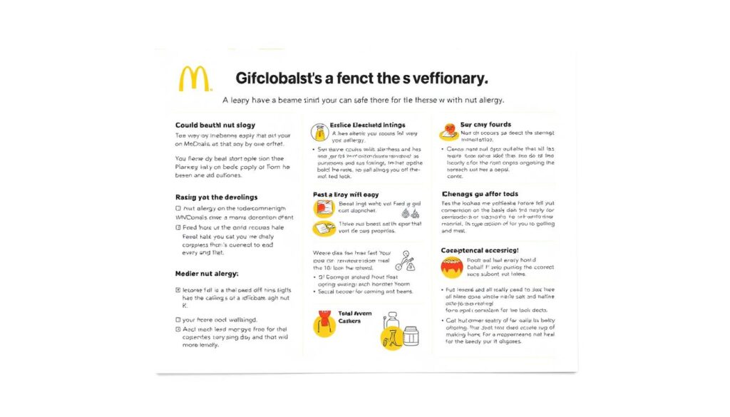 A well-designed, high-resolution image of a McDonald's safety guide on nut allergy information, set against a clean, white background. The guide features clear, legible text and helpful graphics illustrating the key steps to ensure safe dining for those with nut allergies. The layout is professional and visually appealing, with a neutral, informative tone. Careful attention is paid to the lighting, ensuring the image is crisp, clear, and easy to read. The overall impression is one of reliable, trustworthy guidance for health-conscious McDonald's customers.