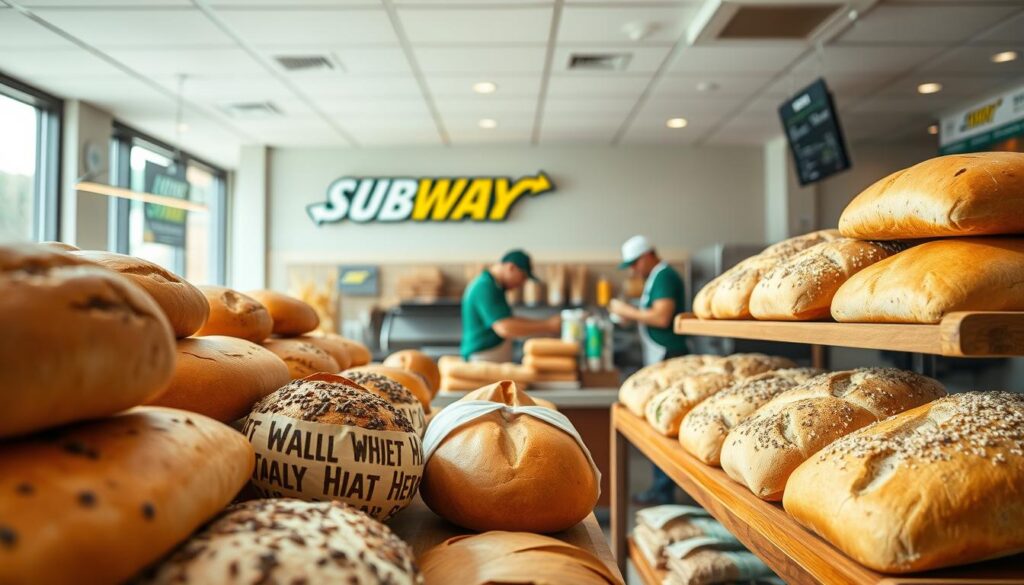 A well-lit, clean and inviting Subway store interior. In the foreground, an array of freshly baked bread loaves in various healthy varieties, such as whole wheat, multigrain, and Italian herbs and cheese. The breads are artfully arranged on wooden shelves, their textures and colors beautifully highlighted. In the middle ground, a team of Subway employees, dressed in crisp uniforms, expertly crafting sandwiches and wraps using the assortment of breads. The background features the Subway branding and signage, creating a professional and trustworthy atmosphere. Bright, natural lighting from large windows illuminates the scene, giving it a warm and welcoming ambiance.