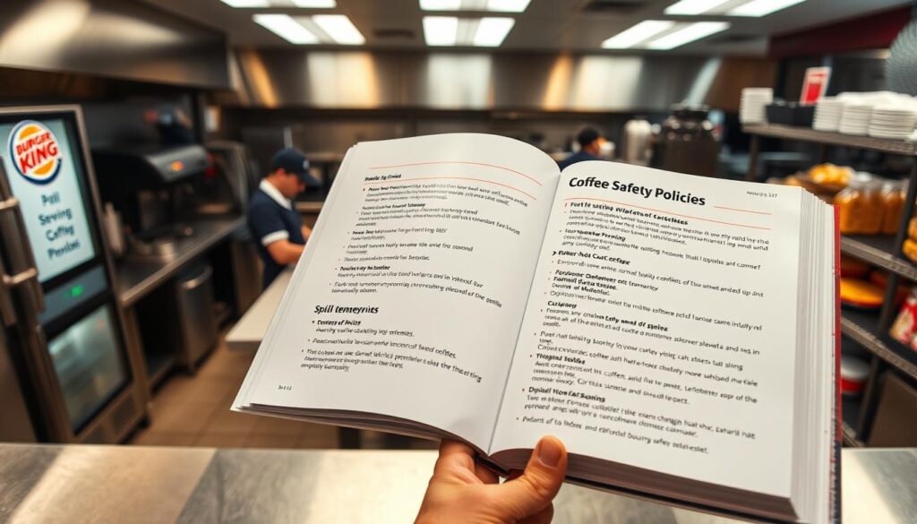 A well-lit, high-angle photograph of a formal Burger King training manual open to a page titled "Coffee Safety Policies". The page features a clean, professional layout with clear bullet points outlining safety procedures for handling hot coffee, including proper serving temperatures, spill cleanup, and customer service protocols. The background shows a meticulously organized Burger King kitchen, with stainless steel appliances, neatly arranged ingredients, and employees in crisp uniforms following the detailed instructions. The overall mood is one of diligence, attention to detail, and commitment to customer safety.