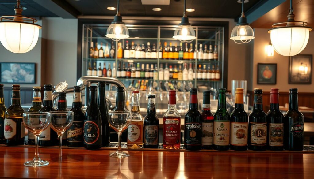 A well-lit, high-quality photo of an Applebee's restaurant bar showcasing a diverse selection of bottled beers and wines. The foreground features an array of bottles and glasses neatly arranged on a wooden bartop, with elegant lighting fixtures casting a warm, inviting glow. The middle ground captures the bar's interior, with polished chrome taps, shelves displaying a variety of labels, and subtle decor elements that evoke the casual-dining ambiance of Applebee's. The background subtly blends the bar area with the restaurant's dining space, creating a cohesive, visually appealing scene. The overall mood is one of sophistication and quality, reflecting Applebee's commitment to providing a diverse and enjoyable beverage selection.