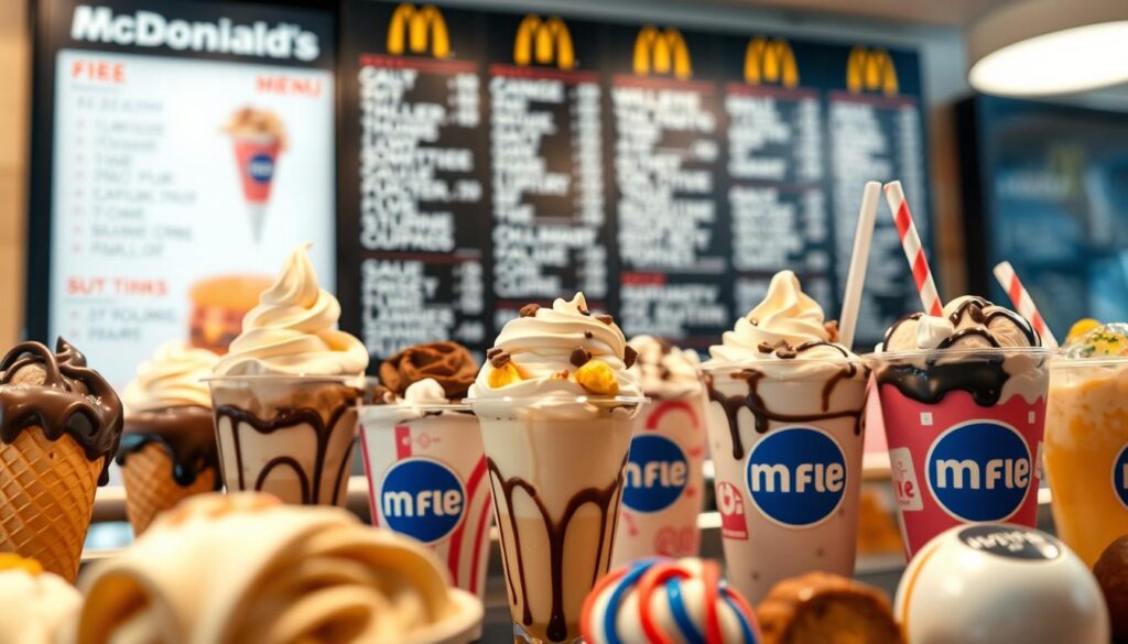 A well-lit, high-quality photograph of a McDonald's dessert menu display, showcasing a variety of tempting treats. The foreground features an array of desserts, including chocolate-dipped ice cream cones, sundaes with various toppings, and colorful McFlurry cups. The middle ground shows the menu board with neatly listed options, while the background subtly blurs, creating a soft, inviting atmosphere. The lighting is warm and natural, highlighting the vibrant colors and textures of the desserts. The overall composition is visually balanced and aesthetically pleasing, capturing the essence of McDonald's sweet offerings.