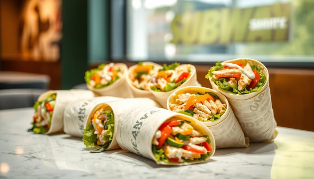 A well-lit, high-quality photograph of a selection of Subway's signature chicken wrap options presented on a clean, stylish table setting. The wraps are neatly arranged, showcasing their colorful ingredients like grilled chicken, fresh vegetables, and flavorful sauces. The lighting is warm and inviting, creating a mouthwatering atmosphere. The camera angle is slightly elevated to provide a clear, unobstructed view of the wraps, allowing the viewer to appreciate the delicious details. The background is blurred, keeping the focus on the star of the image - the tasty chicken wrap options.