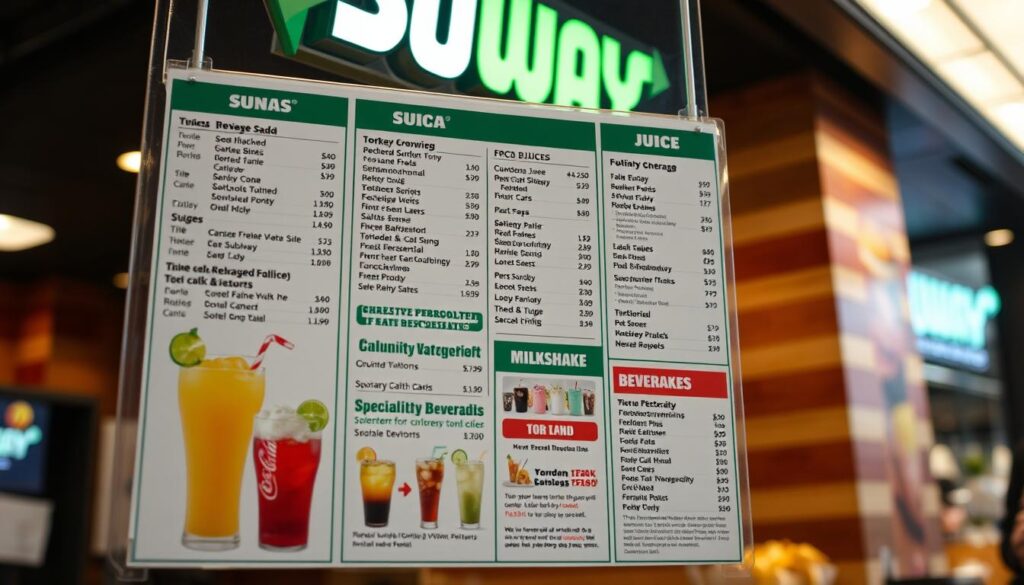 A well-lit, high-resolution image of a Subway restaurant's beverage menu, captured at a medium angle. The menu displays a clean and organized layout, showcasing a variety of refreshing drink options, including sodas, juices, milkshakes, and specialty beverages. The menu is presented against a blurred, out-of-focus background, creating a sense of depth and emphasis on the detailed information. The lighting is soft and natural, highlighting the vibrant colors and typography of the menu. The overall atmosphere conveys a modern, inviting, and appetizing ambiance, perfectly suited for the "Beverage Options and Choices" section of the Subway menu article.