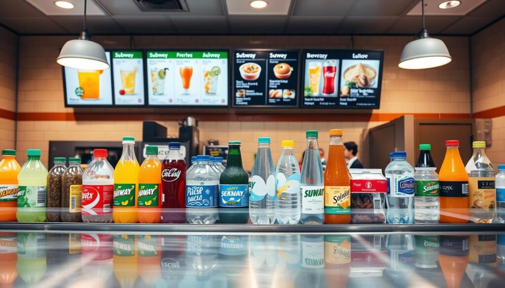 A well-lit, high-resolution image of a display of various beverage choices at a Subway restaurant counter. The foreground features a variety of bottled and canned drinks, including sodas, juices, and water, neatly arranged on a clean, stainless steel surface. The middle ground shows the Subway menu board showcasing the different beverage options available. The background depicts the familiar Subway restaurant interior, with its warm lighting, tiled walls, and clean, modern aesthetic. The overall atmosphere is inviting and appetizing, highlighting the diverse and refreshing beverage selection that Subway offers to its customers.