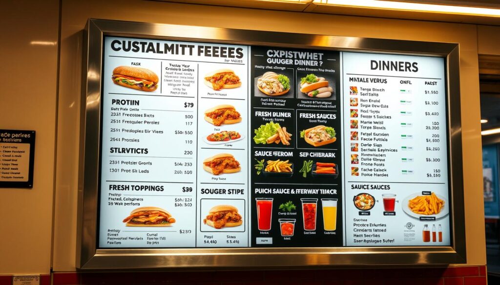 A well-lit, high-resolution image of a modern subway-style dinner menu board showcasing customizable dinner options. The menu features a variety of protein choices, fresh veggie toppings, and a selection of sauces and condiments, allowing customers to build their perfect subway-style dinner meal. The menu is displayed on a sleek, stainless steel board with bold, easy-to-read typography. The lighting is warm and inviting, creating a cozy, restaurant-like atmosphere. The overall composition places the menu board as the focal point, with a blurred background hinting at the urban subway setting. The image conveys a sense of creativity, choice, and mouthwatering dinner possibilities.