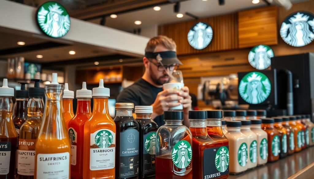 A well-lit, high-resolution image showcasing the diverse customization options at a modern Starbucks café. In the foreground, an arrangement of various syrups, creamers, and sweeteners in neatly organized rows, their labels clearly visible. In the middle ground, a barista's hands carefully crafting a personalized beverage, steam rising from the cup. The background features the warm, inviting ambiance of the café, with wooden accents, comfortable seating, and the iconic Starbucks logo prominently displayed. The overall scene conveys the sense of personalization and attention to detail that Starbucks customers expect when customizing their favorite drinks.