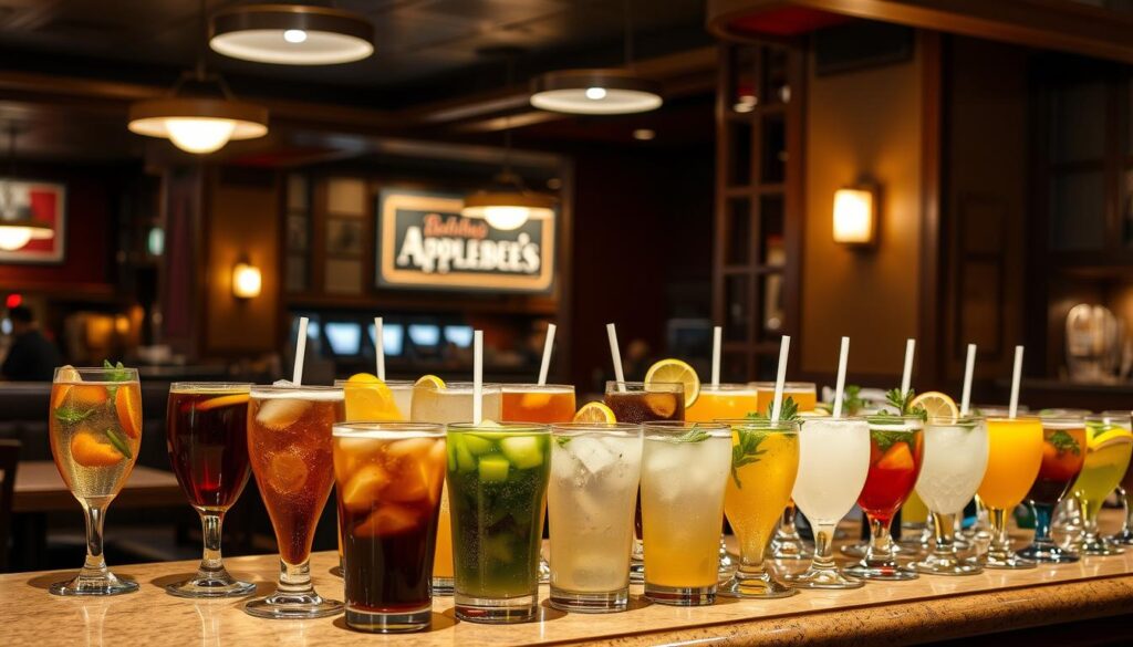 A well-lit interior of an Applebee's restaurant, showcasing an extensive array of non-alcoholic beverages. On the counter, an assortment of glasses filled with various refreshing options, including iced teas, sodas, juices, and specialty lemonades. The scene is bathed in warm, ambient lighting, creating a cozy and inviting atmosphere. In the background, glimpses of the restaurant's decor can be seen, hinting at the casual dining experience. The focus is on the diverse selection of non-alcoholic drinks, presenting a visually appealing and tempting display for patrons seeking refreshment.