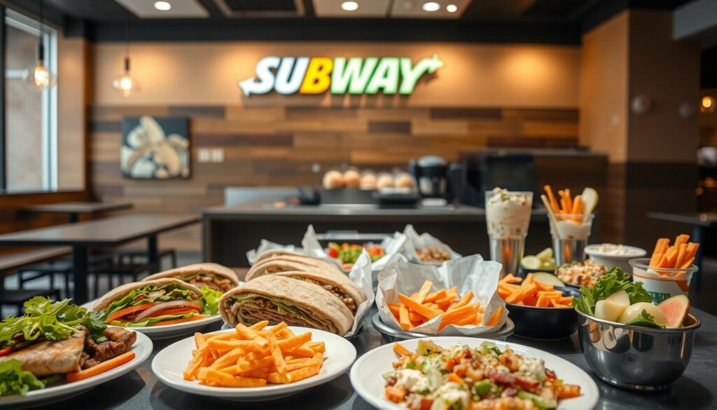 A well-lit, inviting Subway restaurant interior featuring an assortment of fresh, healthy dinner options. In the foreground, a selection of Subway's signature sandwiches, salads, and wraps made with lean proteins, crisp vegetables, and wholesome ingredients. The middle ground showcases Subway's extensive selection of sides, such as apple slices, carrot sticks, and yogurt parfaits. The background depicts the restaurant's modern, clean aesthetic with warm lighting and earthy tones, creating a cozy and appealing atmosphere for an evening meal. The scene conveys a sense of nutritious, satisfying, and guilt-free indulgence.