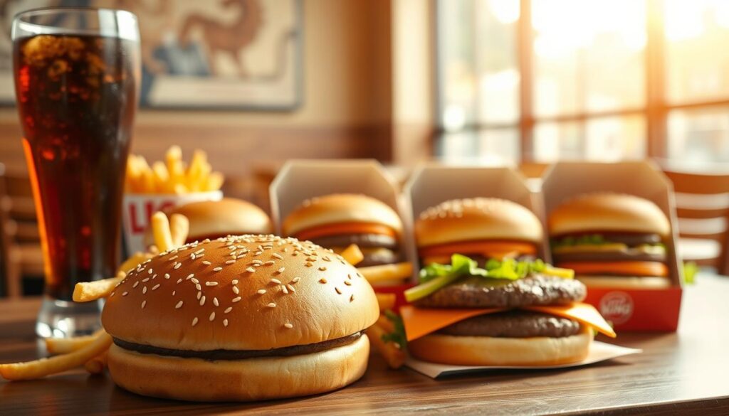 A well-lit, inviting scene of a Burger King family meal deal. In the foreground, a large, golden-brown hamburger bun with sesame seeds is the focal point, surrounded by crispy french fries and a tall glass of soda. In the middle ground, three separate burger boxes, each containing a different Burger King classic burger, are neatly arranged. The background features a soft, blurred view of a cozy Burger King dining area with wooden tables and chairs, creating a warm, family-friendly atmosphere. The lighting is natural and bright, casting a comforting glow over the entire scene. The overall composition and attention to detail evoke a sense of appetite-inducing, home-cooked comfort.