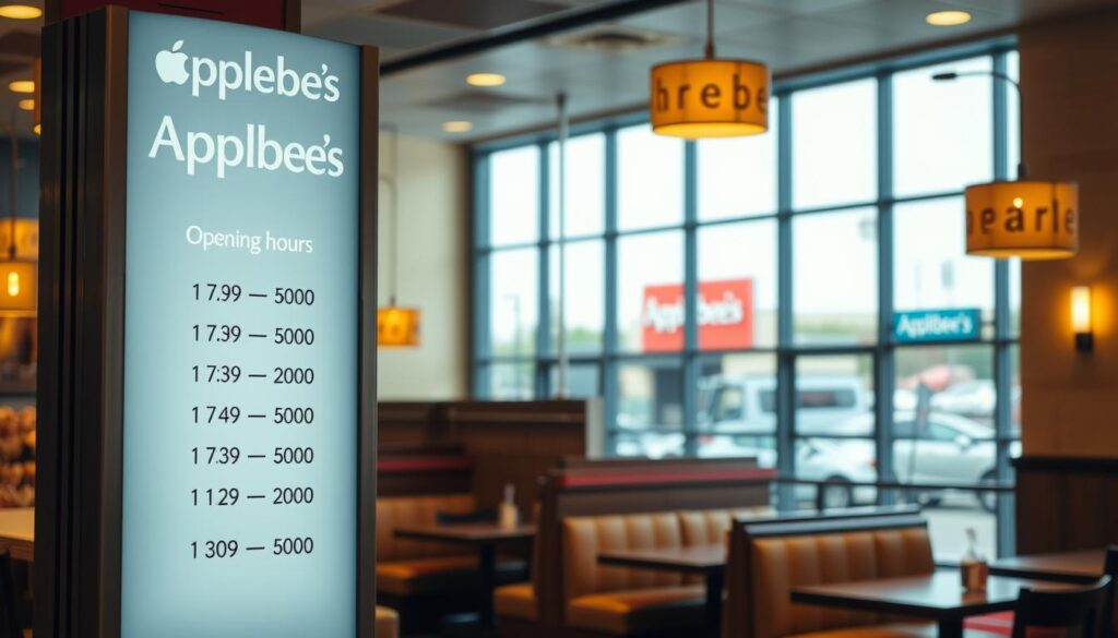 A well-lit, modern interior of an Applebee's restaurant showcasing the hours of operation. The foreground features a sleek, backlit display board with the restaurant's daily hours, from opening to closing, presented in a clean, legible typeface. The middle ground shows the dining area with cozy booths and tables, subtly lit by warm pendant lights. The background captures the inviting atmosphere, with large windows offering a view of the exterior and the restaurant's signage visible outside. The overall scene conveys a welcoming, comfortable ambiance for diners seeking Applebee's current operating hours.