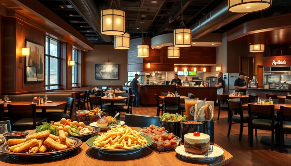A well-lit, photorealistic scene of an Applebee's restaurant interior, showcasing their All-You-Can-Eat Specials. The foreground features a table with a selection of appetizers, entrees, and desserts, artfully arranged to entice the viewer. In the middle ground, the restaurant's cozy ambiance is evident, with warm lighting, comfortable seating, and attentive staff. The background depicts the restaurant's signature decor, including wood paneling, modern art, and a view of the bustling kitchen. The overall atmosphere conveys a sense of value, hospitality, and the abundance of options available to diners.