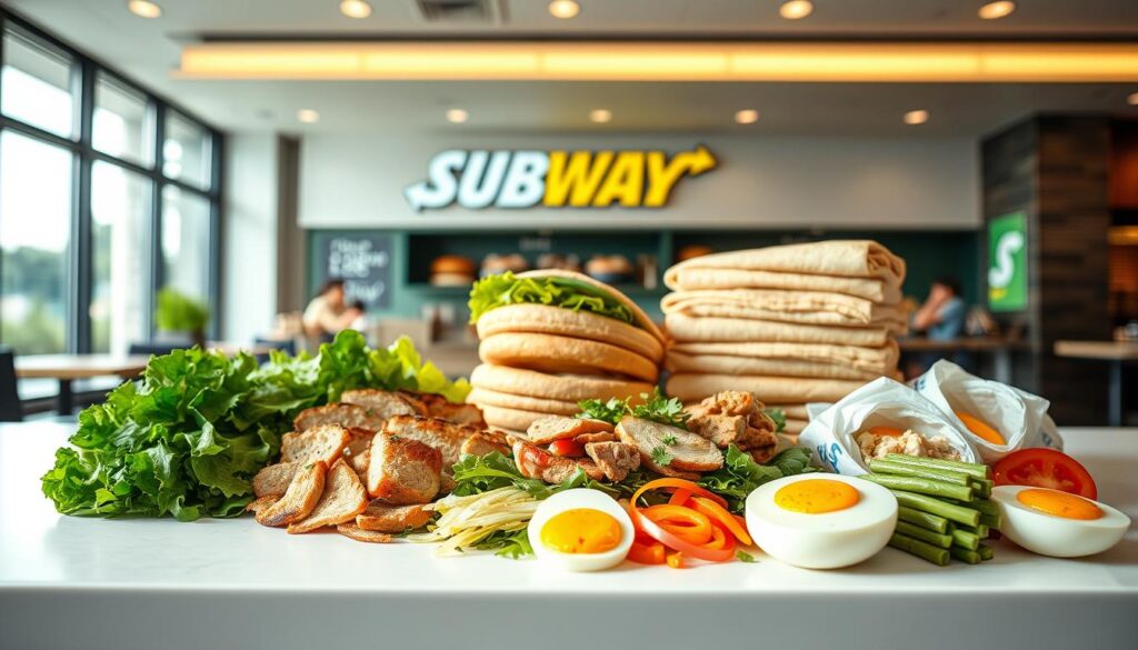 A well-lit, visually appealing display of various protein-rich menu options from Subway. In the foreground, a selection of fresh, high-quality ingredients such as grilled chicken, roast beef, tuna, and eggs are artfully arranged on a clean, minimalist background. The middle ground features neatly stacked whole-grain breads, wraps, and salad greens, suggesting a variety of healthy base options. In the background, a sleek, modern Subway restaurant interior with clean lines and neutral tones provides a sophisticated, appetizing setting. The overall composition conveys a sense of nutritious, customizable meal options that cater to an active, health-conscious lifestyle.