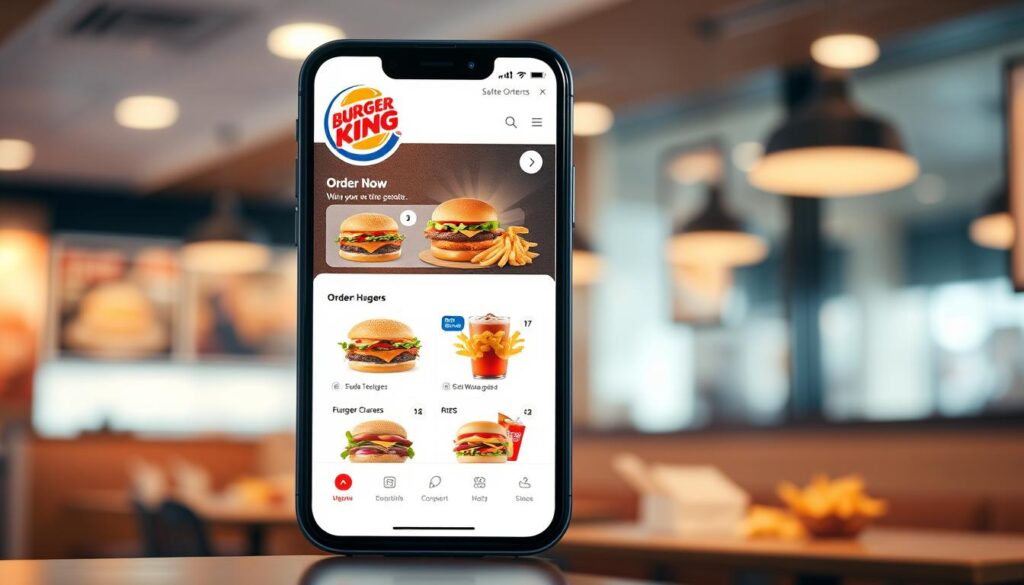 Burger King Online Order Mobile App Interface: A sleek, modern interface showcasing a vibrant Burger King logo at the top. The screen displays a user-friendly menu with high-quality images of various burgers, fries, and drinks. The layout is clean and intuitive, with clear navigation options and a prominent "Order Now" button. The background features a soft, blurred restaurant setting, subtly hinting at the satisfying in-person dining experience. Warm lighting and muted tones create a welcoming, appetizing atmosphere, inviting the user to effortlessly place their order and indulge in Burger King's delectable offerings.