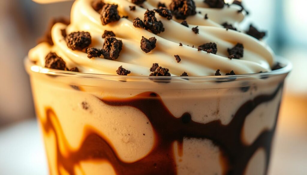 Delectable Oreo BK Blast Dessert: A Decadent Delight A close-up, high-resolution view of a creamy, swirled Oreo BK Blast dessert, presented in a clear glass or plastic cup. The dessert is layered with crumbled Oreo cookie pieces, rich chocolate syrup, and creamy vanilla soft-serve ice cream, topped with a generous dollop of whipped cream and a sprinkling of additional Oreo crumbs. The lighting is soft and warm, casting a golden glow on the dessert, highlighting its indulgent textures and flavors. The depth of field is shallow, keeping the dessert in sharp focus while subtly blurring the background. The overall composition and styling evoke a sense of temptation and indulgence, perfectly capturing the essence of the "Ultimate Oreo BK Blast Experience".