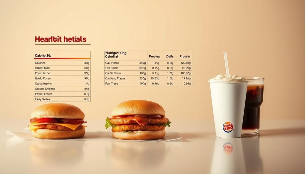 Detailed nutrition guide for Burger King breakfast menu items, presented on a sleek, minimalist design. Soft, warm lighting illuminates the carefully arranged food items - sandwiches, hash browns, and beverages - against a muted, neutral background. Precise calorie, fat, carbohydrate, and protein values are displayed in a clear, legible font, allowing health-conscious consumers to make informed choices. The layout is clean and organized, prioritizing readability and accessibility of the nutritional information. An elegant, professional aesthetic that effectively communicates the health-focused nature of the content.
