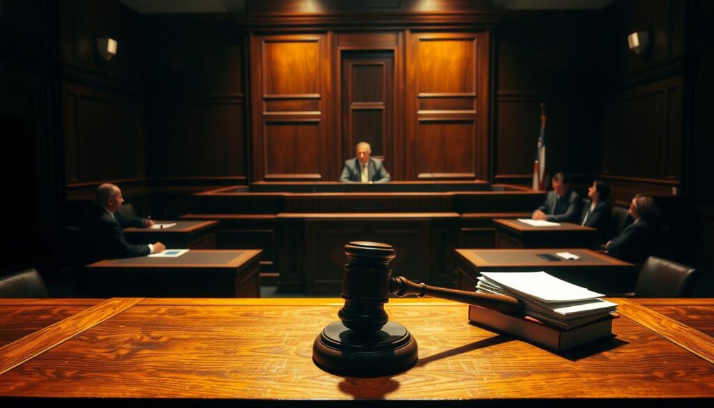 Prompt A dimly lit, high-contrast courtroom scene with a large wooden podium in the foreground. A judge's gavel and a stack of legal documents sit on the podium, casting dramatic shadows. In the middle ground, two opposing lawyers in sharp suits stand at their respective tables, engaged in a heated discussion. The background features a towering wooden bench, where a stern-faced judge presides over the proceedings. The atmosphere is tense and foreboding, evoking the gravity and legal complexities of the Burger King hot coffee incident.