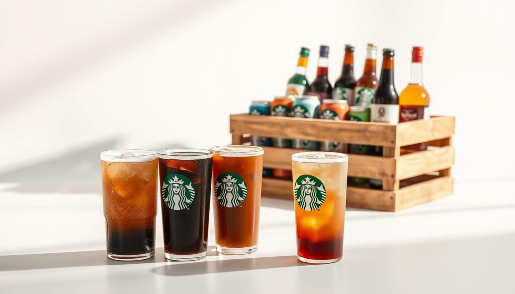 Starbucks Cold Brew Variety: A vibrant still-life showcasing an assortment of Starbucks cold brew drinks. In the foreground, three different cold brew beverages are displayed on a minimalist white tabletop, their icy condensation reflecting the soft natural lighting. The middle ground features a sophisticated wooden crate filled with various Starbucks cold brew cans and bottles, hinting at the variety of flavors available. The background is a clean, bright, and airy studio setting, with a soft, diffused backdrop that allows the cold brew products to take center stage. The overall composition emphasizes the refreshing, high-quality, and diverse nature of Starbucks' cold brew offerings.