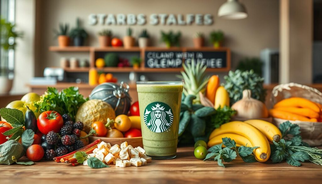 Starbucks Healthy Menu Options: A vibrant display of fresh, natural ingredients. In the foreground, an assortment of colorful fruits, vegetables, and lean protein options, arranged artfully on a wooden table. In the middle ground, a Starbucks cup filled with a refreshing green smoothie, its contents visible through the clear glass. The background features a warm, natural-lit setting, with clean, minimalist decor highlighting Starbucks' commitment to sustainability. The overall atmosphere is one of health, wellness, and conscious indulgence, inviting the viewer to explore Starbucks' selection of nutritious, guilt-free menu choices.