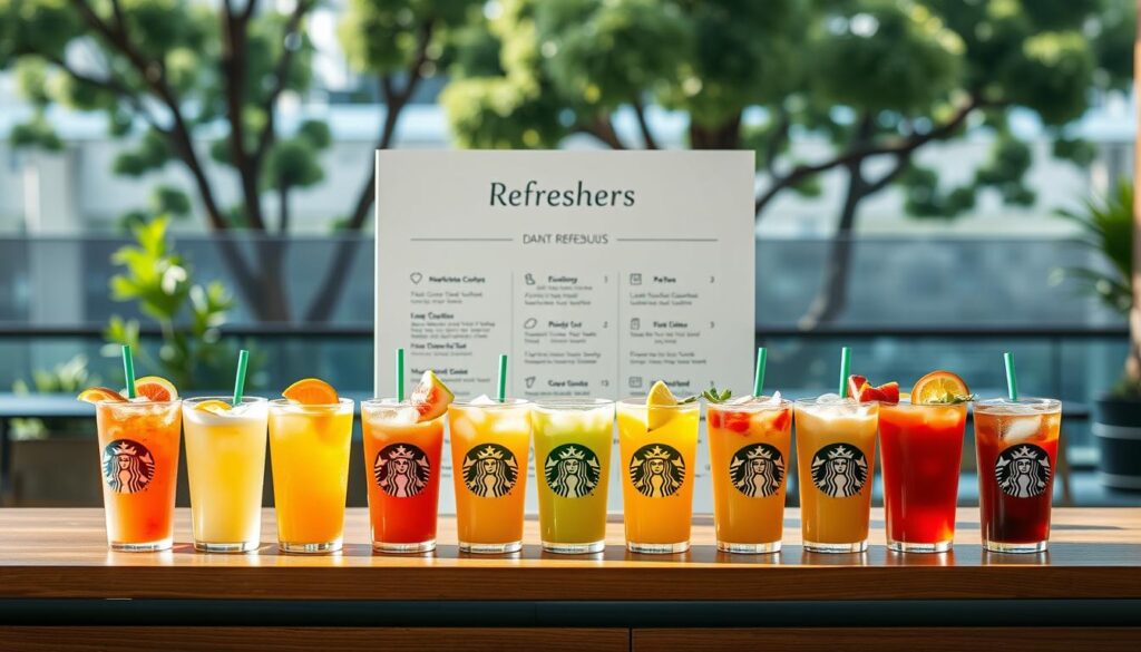 Starbucks Refreshers Drink Menu, showcased on a sleek, wooden countertop with a minimalist, modern aesthetic. In the foreground, an array of colorful Refresher beverages, each with a distinct hue and garnished with fresh fruit slices. The middle ground features a clean, uncluttered display of the Refreshers menu, with elegantly styled typography and icons. The background is a softly blurred, natural setting, perhaps an urban cafe or a serene outdoor patio, creating a calming, inviting atmosphere. The lighting is soft and natural, casting a warm glow over the scene. The overall composition is balanced, visually appealing, and effectively highlights the Refreshers drink selection.