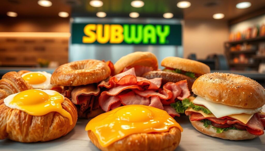 Subway Breakfast Sandwich Varieties - A mouth-watering display of fresh ingredients and tempting textures. In the foreground, an assortment of flaky croissants, toasted bagels, and soft English muffins, each crowned with a glistening egg, savory meats, and melted cheese. The middle ground showcases a variety of fillings - crisp bacon, juicy sausage, and tender ham, all carefully arranged to showcase their individual flavors. The background is a sleek, modern subway counter, bathed in warm lighting that heightens the appetizing atmosphere. The entire scene exudes an aroma of freshly baked bread and sizzling breakfast delights, inviting the viewer to indulge in the delectable Subway breakfast menu.