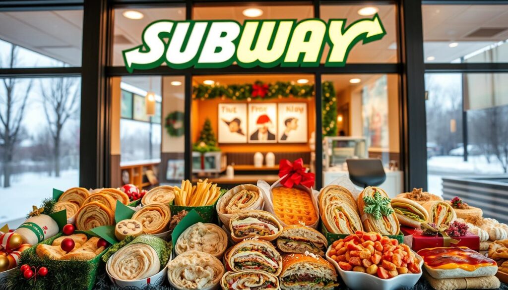 Subway Seasonal Promotions: A vibrant storefront display showcases an array of delectable holiday-themed treats. In the foreground, an enticing selection of festive sandwiches, wraps, and salads are neatly arranged, their colors and textures tempting the eye. The middle ground features a cozy interior with warm lighting, creating an inviting atmosphere. In the background, a winter landscape is visible through the large windows, hinting at the seasonal change. The overall scene conveys a sense of holiday cheer and the welcoming embrace of a Subway restaurant, ready to delight customers with its seasonal promotions.