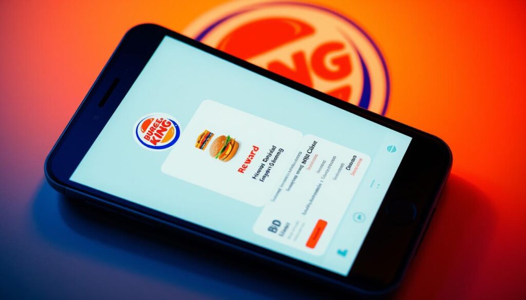 Vibrant smartphone screen displaying the Burger King mobile app's rewards program interface. Sleek, minimalist design showcases a central reward card with an eye-catching graphic, surrounded by various reward options. Warm, inviting lighting highlights the app's intuitive layout and user-friendly navigation. Subtle background features the Burger King logo and brand colors, creating a cohesive, visually appealing composition. The scene conveys a sense of convenience, accessibility, and the enticing rewards available to loyal customers through the mobile app.