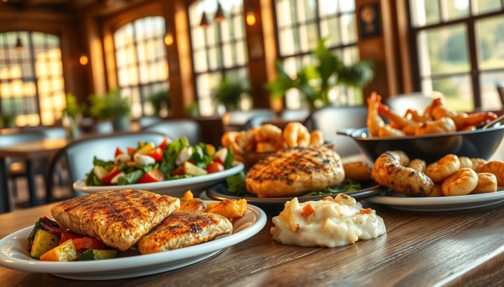 Warm, cozy, and inviting restaurant interior showcasing a spread of delectable gluten-free seafood and chicken dishes on a wooden table. The scene is illuminated by soft, natural lighting from large windows, casting a golden glow over the carefully plated meals. In the foreground, a seared salmon fillet accompanied by a colorful array of roasted vegetables. In the middle ground, a juicy grilled chicken breast served with a vibrant salad and a side of creamy garlic mashed potatoes. The background features additional gluten-free options, such as a sizzling skillet of shrimp scampi and a plate of tender, marinated chicken tenders. The overall atmosphere exudes an air of freshness, quality, and dietary-friendly indulgence.